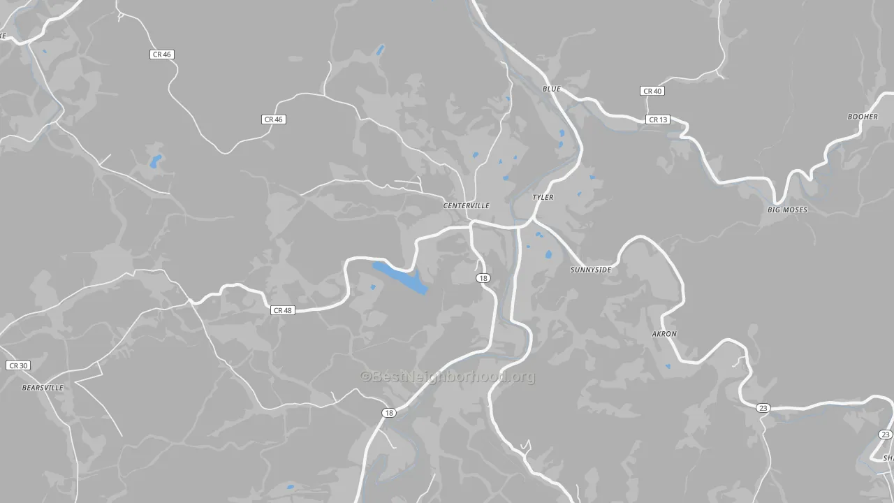Walk Grade map of Tyler, WV, walkable areas in green and car-dependent areas in red