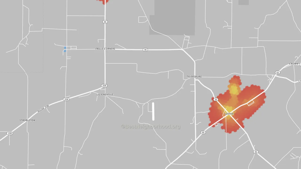 Walk Grade map of Tylersburg, PA, walkable areas in green and car-dependent areas in red