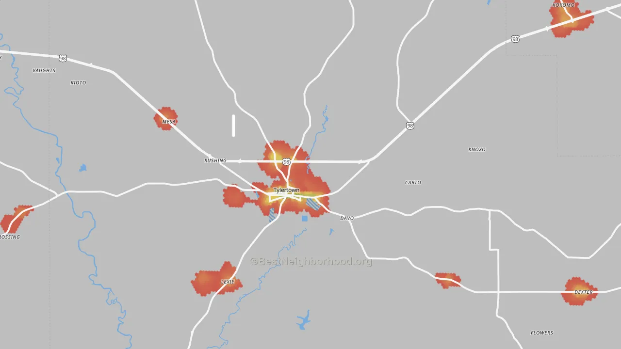 Walk Grade map of Tylertown, MS, walkable areas in green and car-dependent areas in red