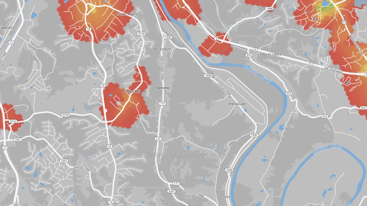 Walk Grade map of Tylor Mill, KY, walkable areas in green and car-dependent areas in red