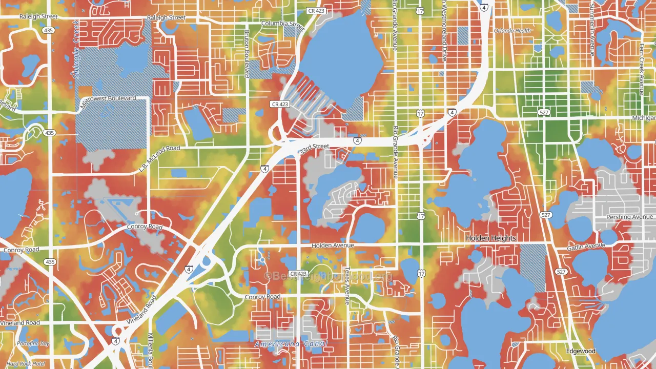 Walk Grade map of Tymber Skan on the Lake, Orlando, FL, walkable areas in green and car-dependent areas in red