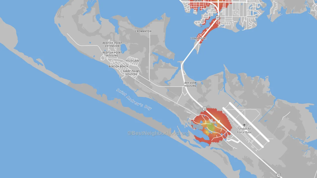 Walk Grade map of Tyndall AFB, FL, walkable areas in green and car-dependent areas in red
