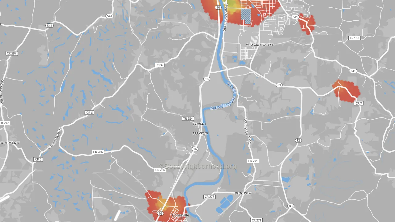 Walk Grade map of Tyndall, OH, walkable areas in green and car-dependent areas in red