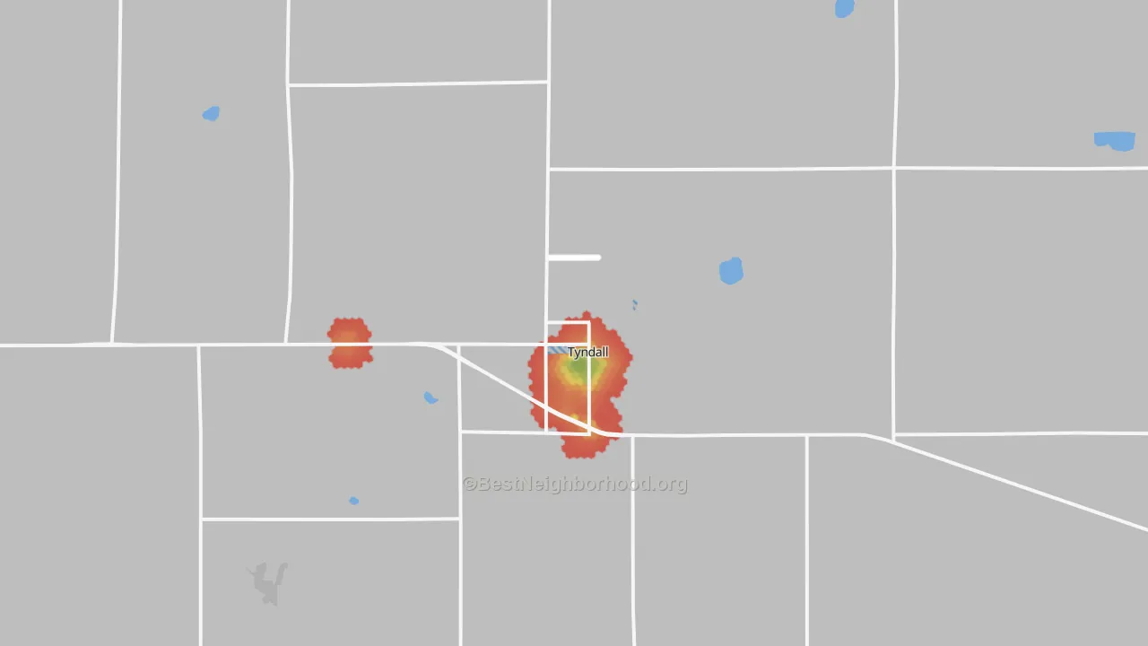 Walk Grade map of Tyndall, SD, walkable areas in green and car-dependent areas in red