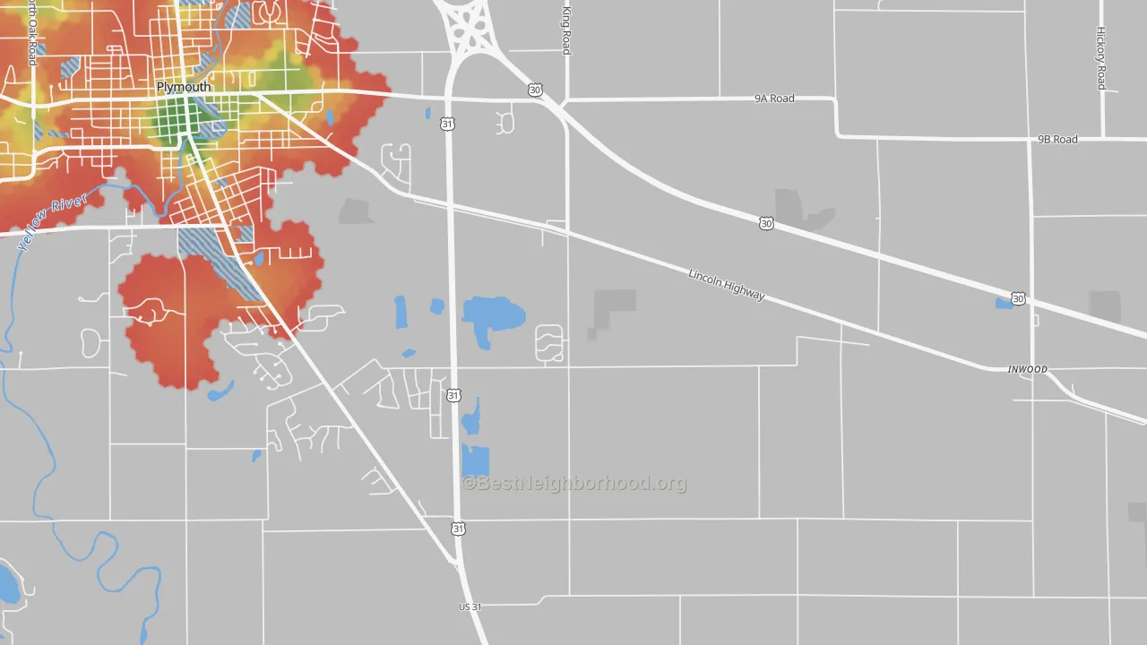 Walk Grade map of Tyner, IN, walkable areas in green and car-dependent areas in red