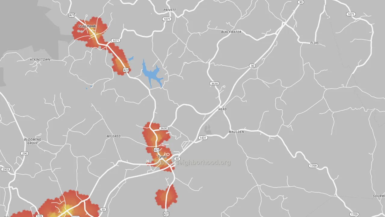 Walk Grade map of Tyner, KY, walkable areas in green and car-dependent areas in red