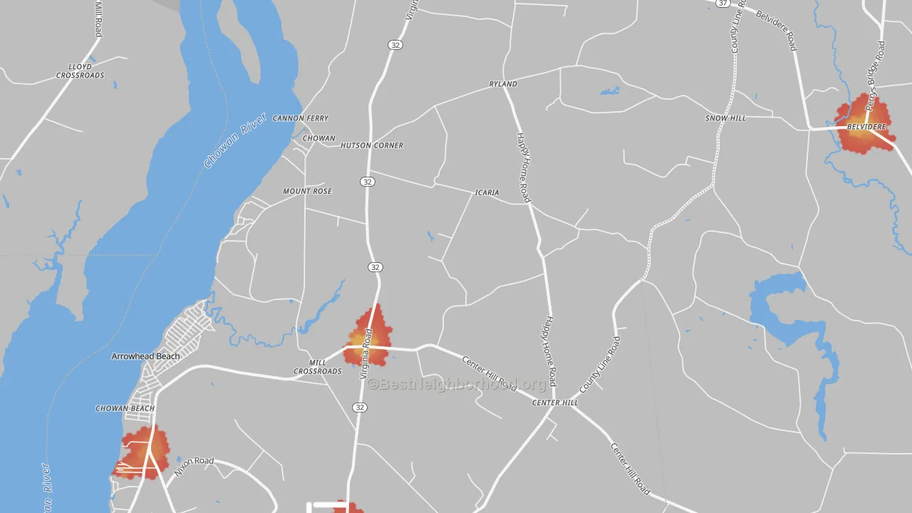 Walk Grade map of Tyner, NC, walkable areas in green and car-dependent areas in red