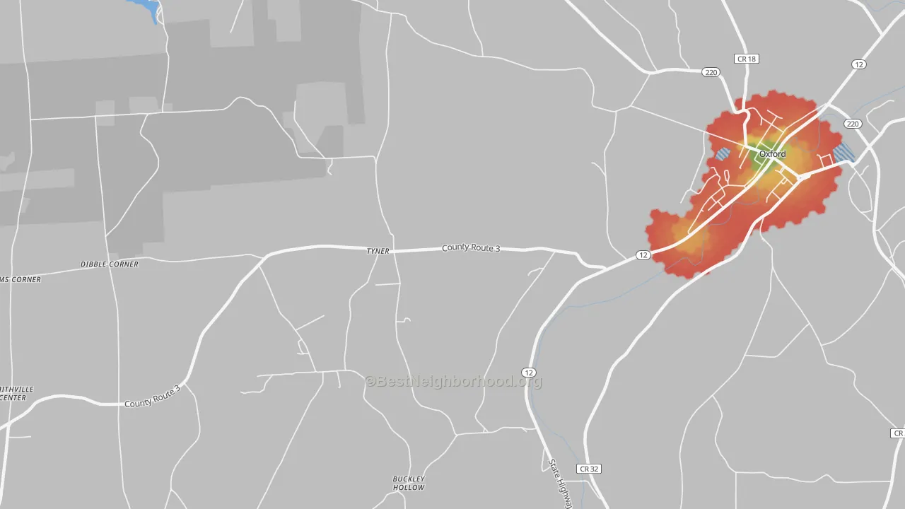 Walk Grade map of Tyner, NY, walkable areas in green and car-dependent areas in red
