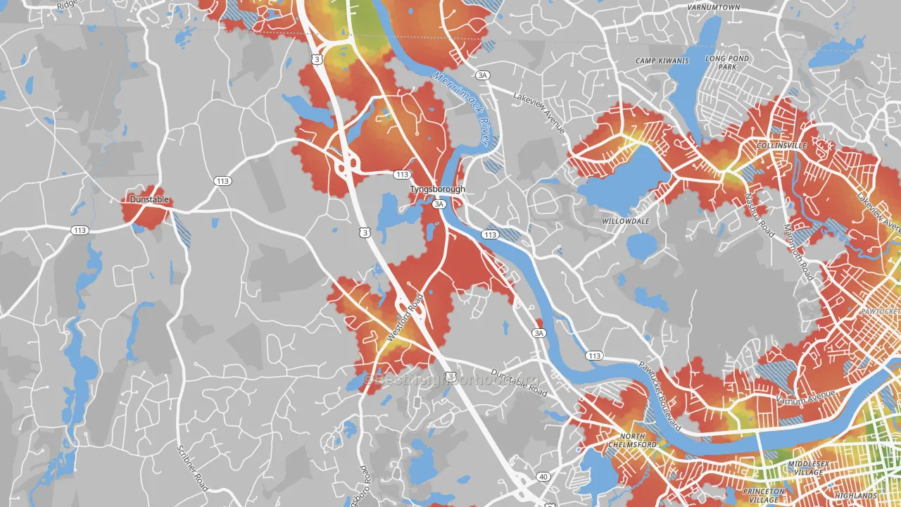 Walk Grade map of Tyngsboro, MA, walkable areas in green and car-dependent areas in red