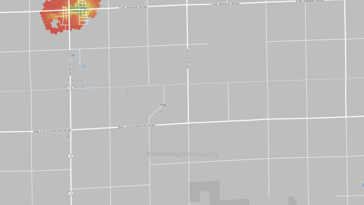 Walk Grade map of Tyre, MI, walkable areas in green and car-dependent areas in red