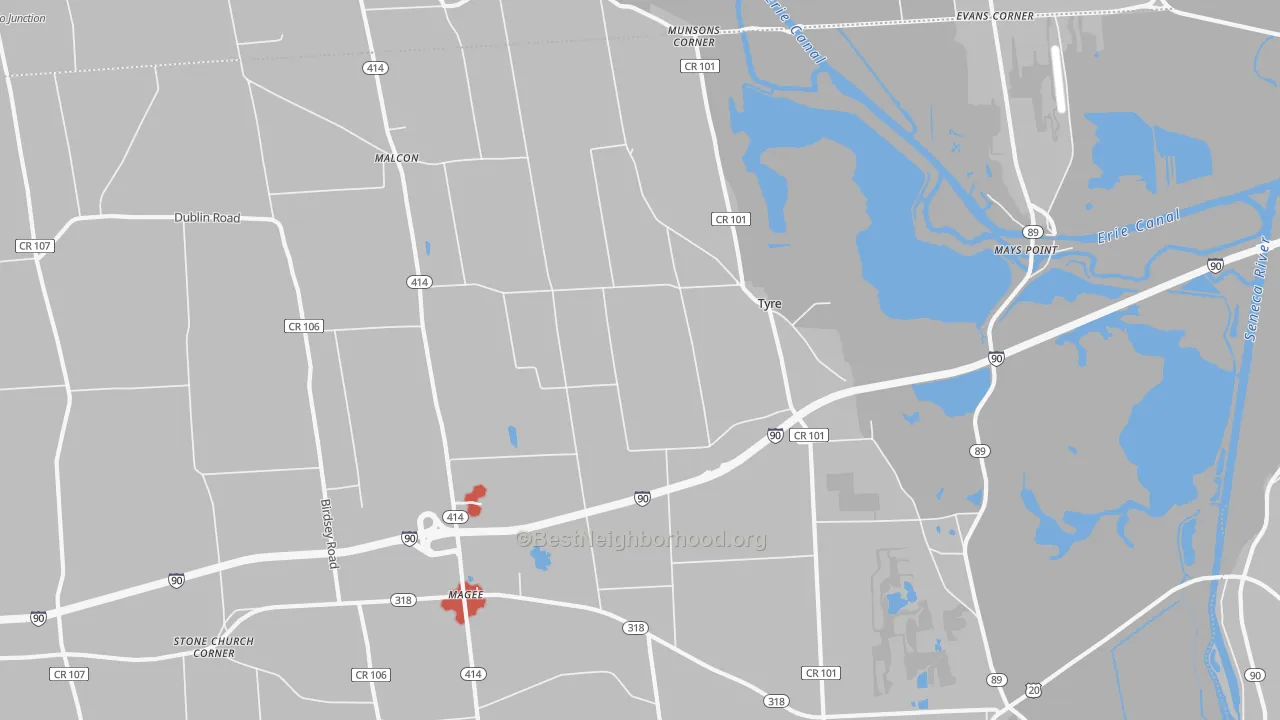 Walk Grade map of Tyre, NY, walkable areas in green and car-dependent areas in red