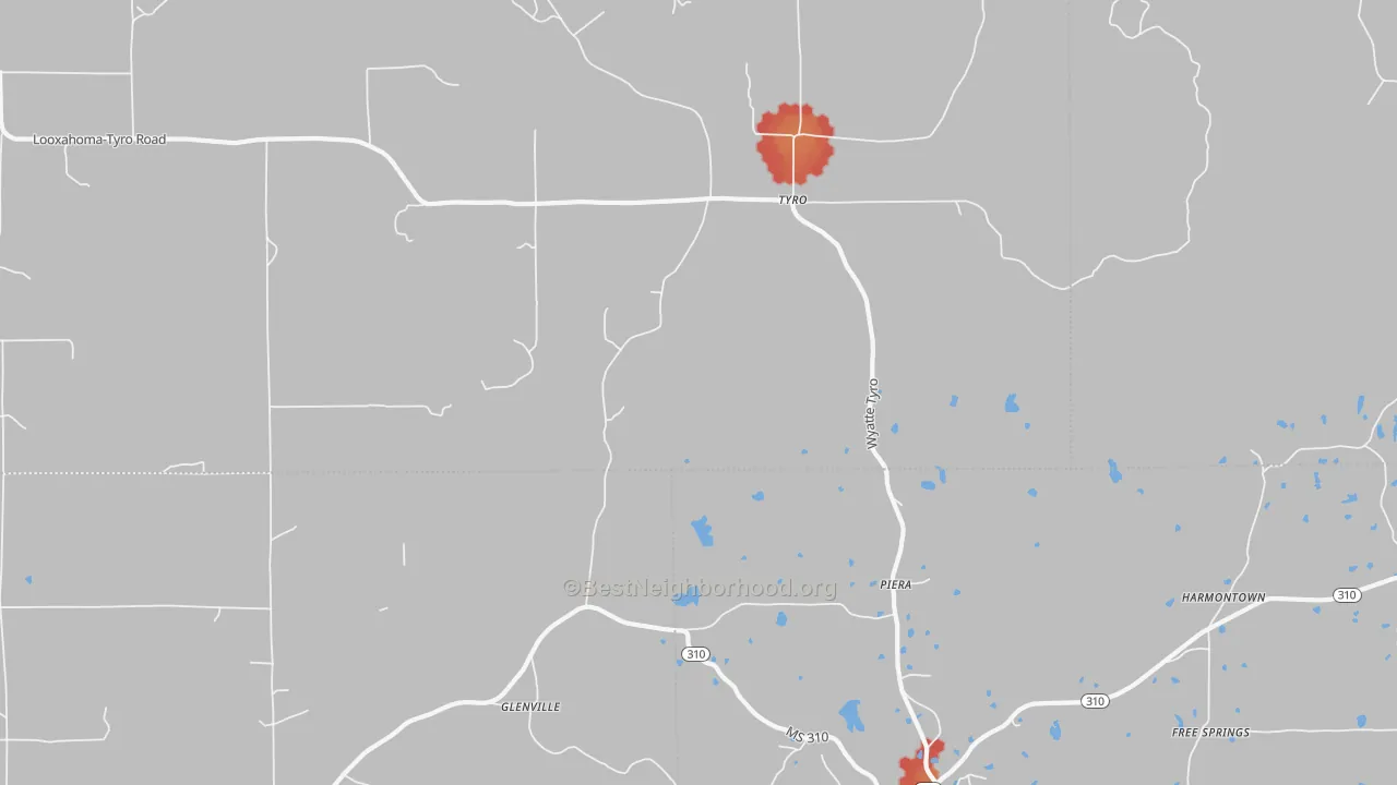 Walk Grade map of Tyro, MS, walkable areas in green and car-dependent areas in red