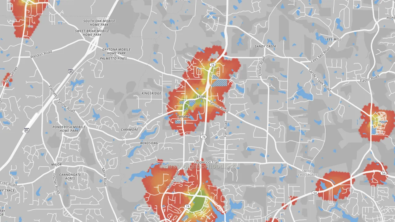Walk Grade map of Tyrone, GA, walkable areas in green and car-dependent areas in red