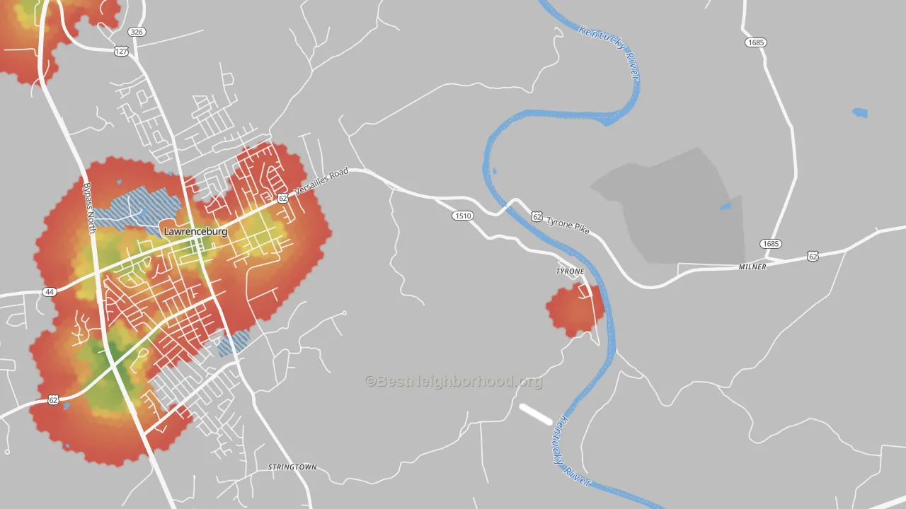 Walk Grade map of Tyrone, KY, walkable areas in green and car-dependent areas in red