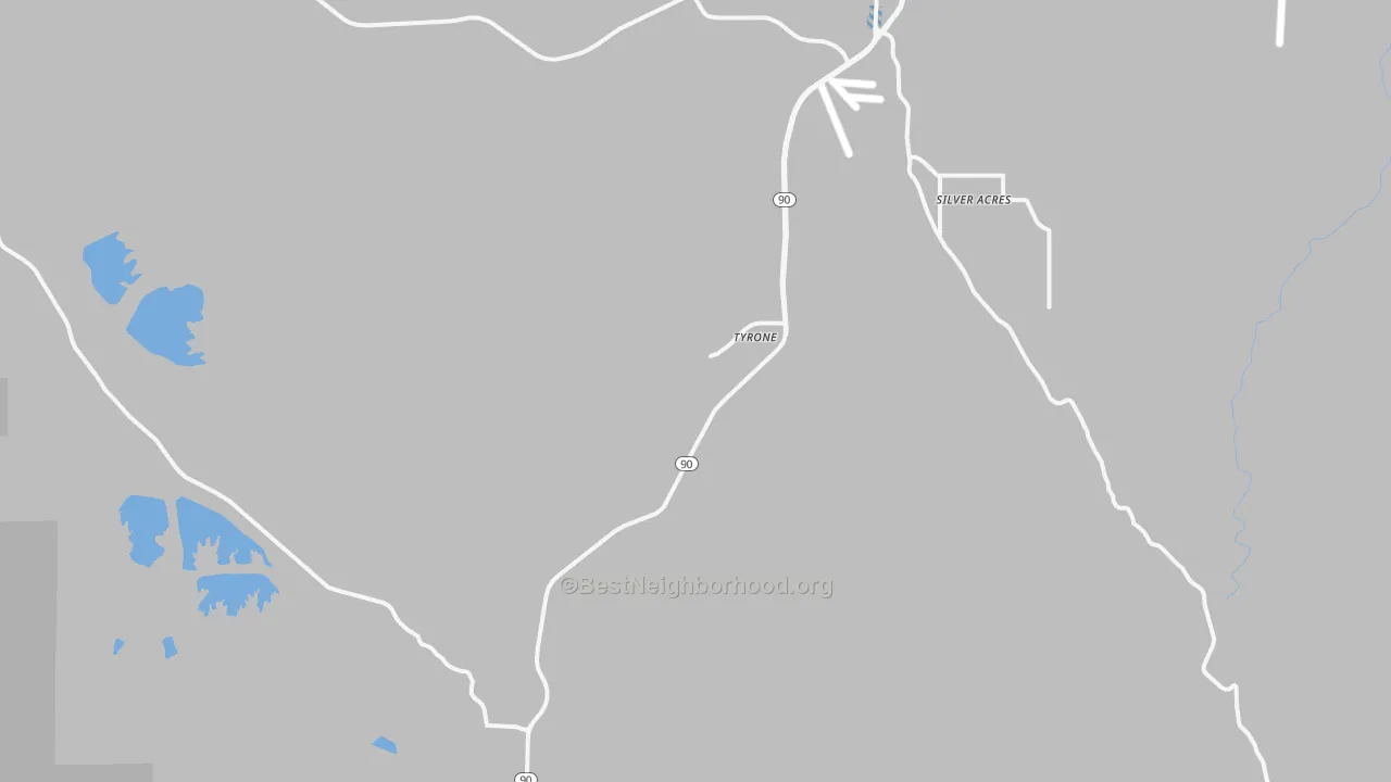 Walk Grade map of Tyrone, NM, walkable areas in green and car-dependent areas in red