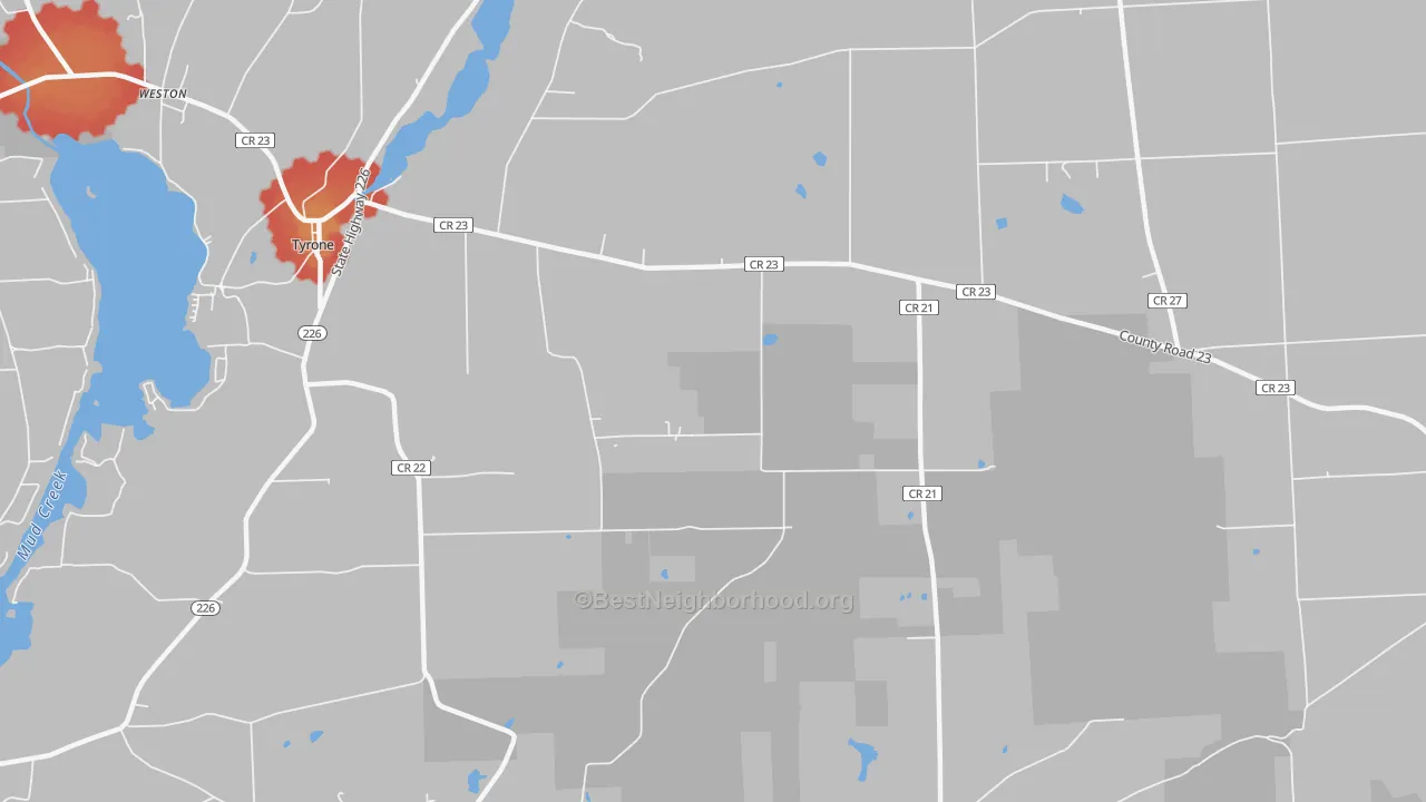 Walk Grade map of Tyrone, NY, walkable areas in green and car-dependent areas in red