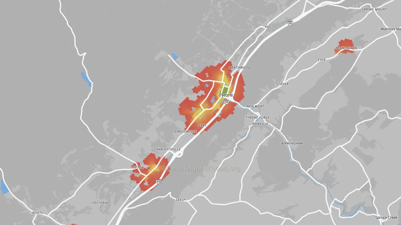 Walk Grade map of Tyrone, PA, walkable areas in green and car-dependent areas in red