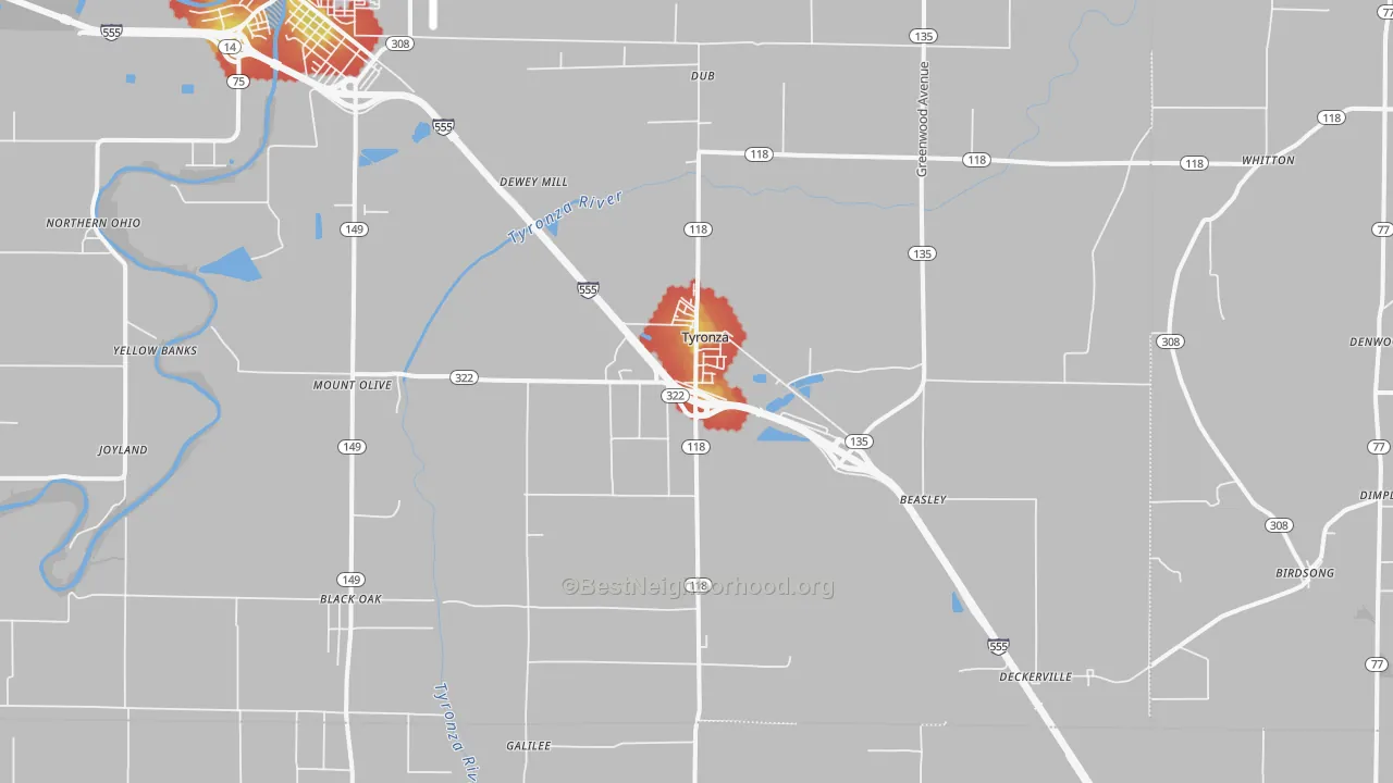Walk Grade map of Tyronza, AR, walkable areas in green and car-dependent areas in red