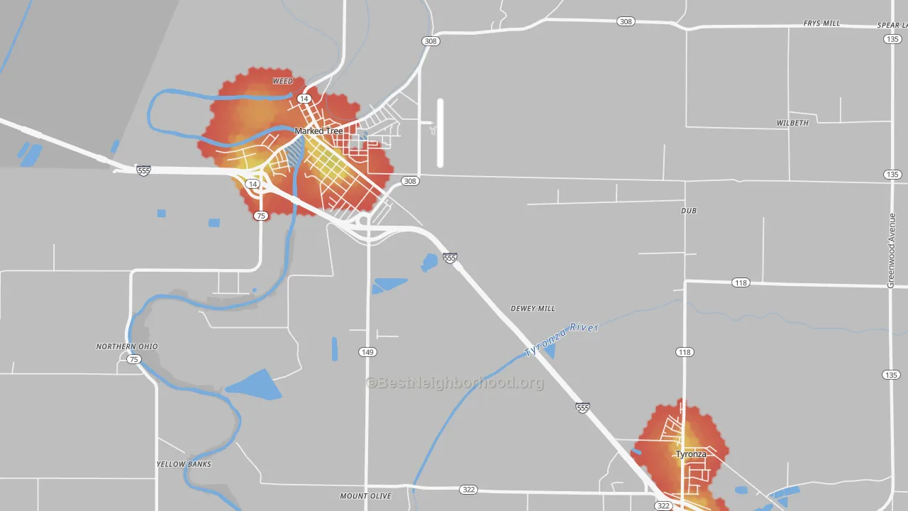 Walk Grade map of Tyronza Junction, AR, walkable areas in green and car-dependent areas in red