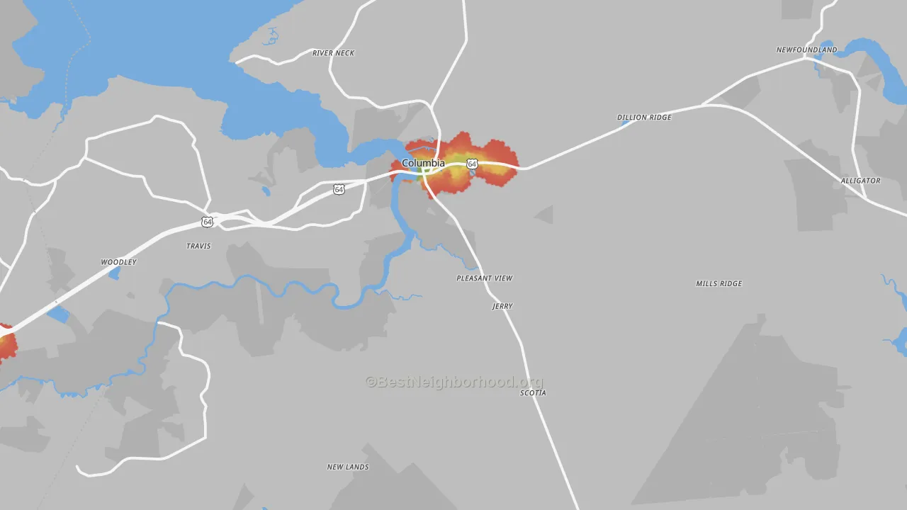 Walk Grade map of Tyrrell County, NC, walkable areas in green and car-dependent areas in red