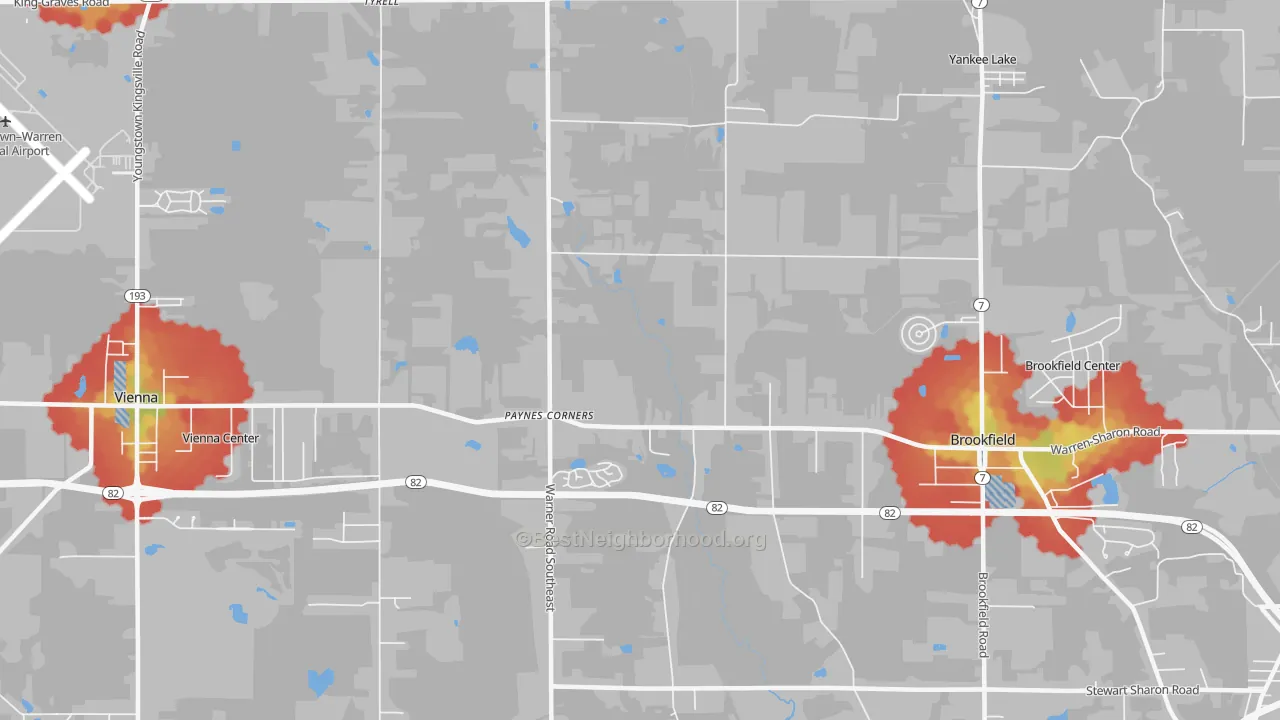 Walk Grade map of Tyrrell, OH, walkable areas in green and car-dependent areas in red