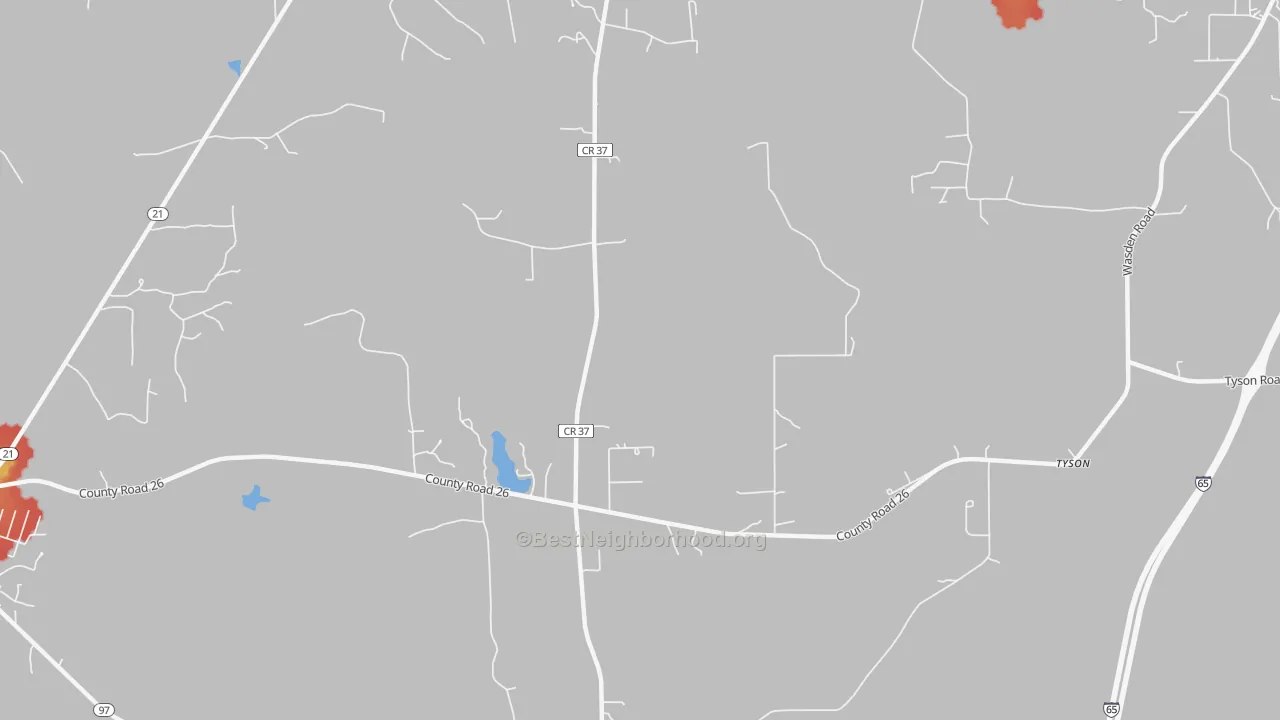 Walk Grade map of Tyson, AL, walkable areas in green and car-dependent areas in red