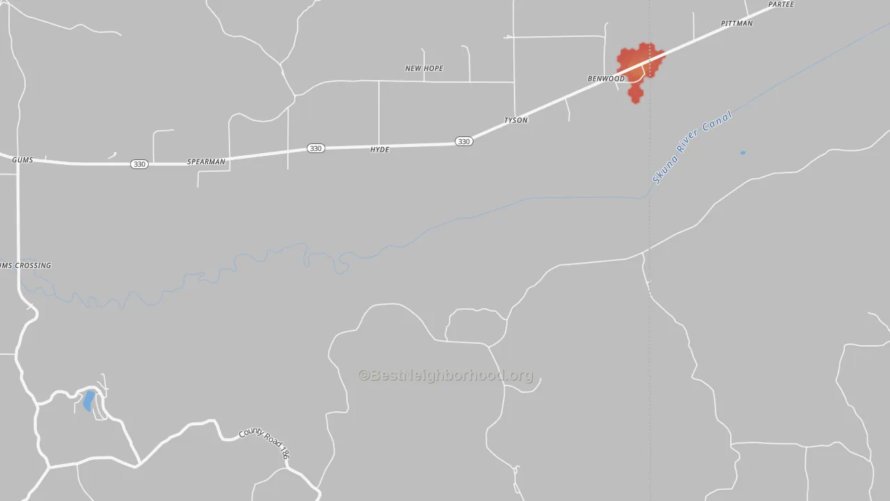 Walk Grade map of Tyson, MS, walkable areas in green and car-dependent areas in red
