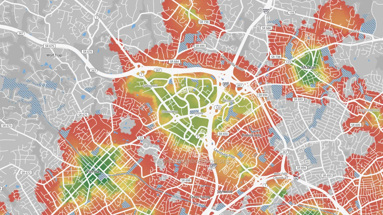 Walk Grade map of Tysons Corner, VA, walkable areas in green and car-dependent areas in red