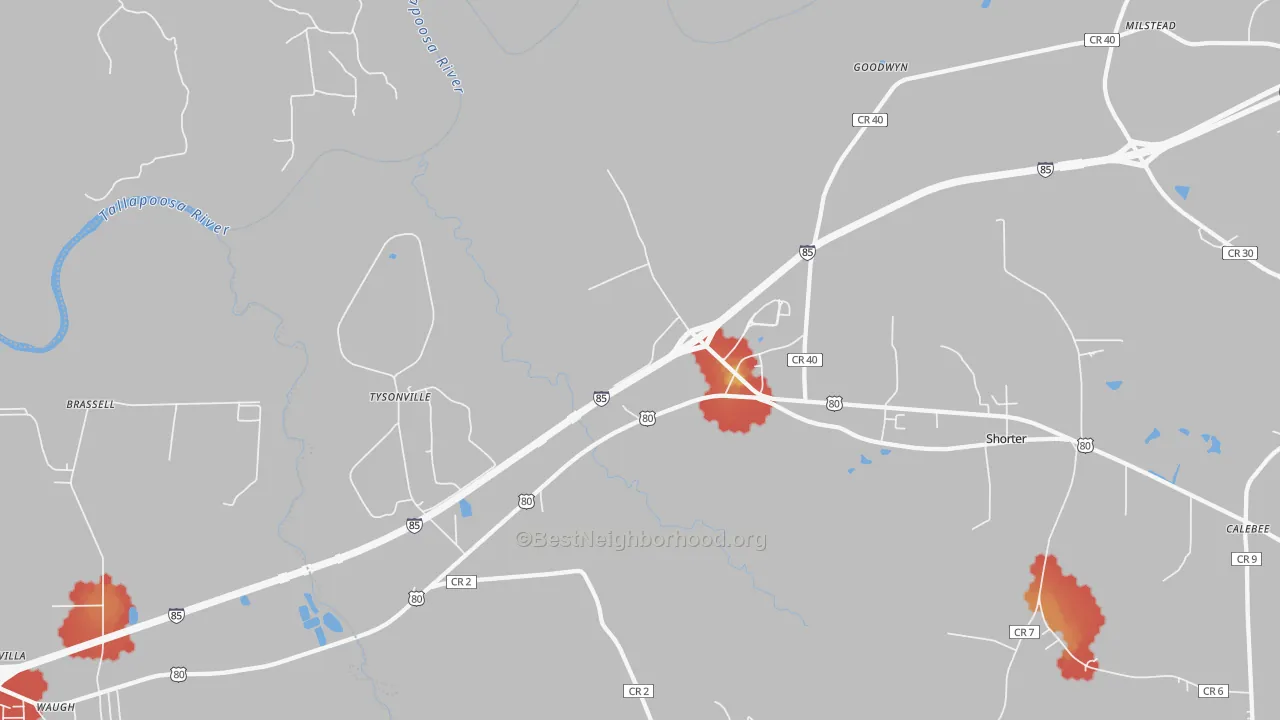Walk Grade map of Tysonville, AL, walkable areas in green and car-dependent areas in red