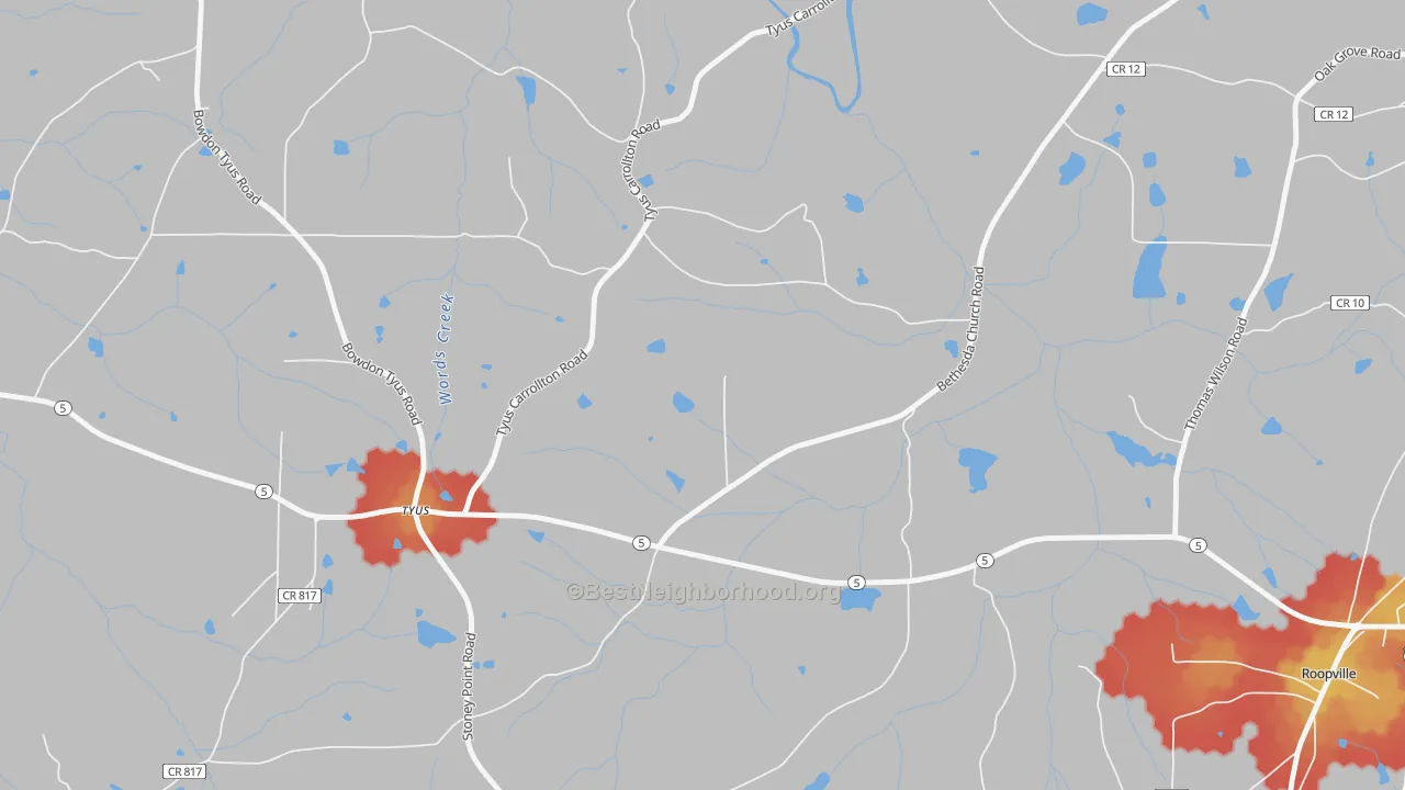 Walk Grade map of Tyus, GA, walkable areas in green and car-dependent areas in red