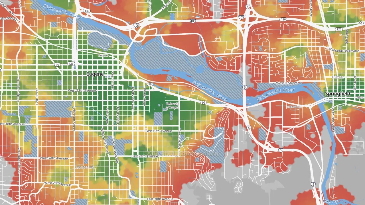 Walk Grade map of U of O Campus, Eugene, OR, walkable areas in green and car-dependent areas in red