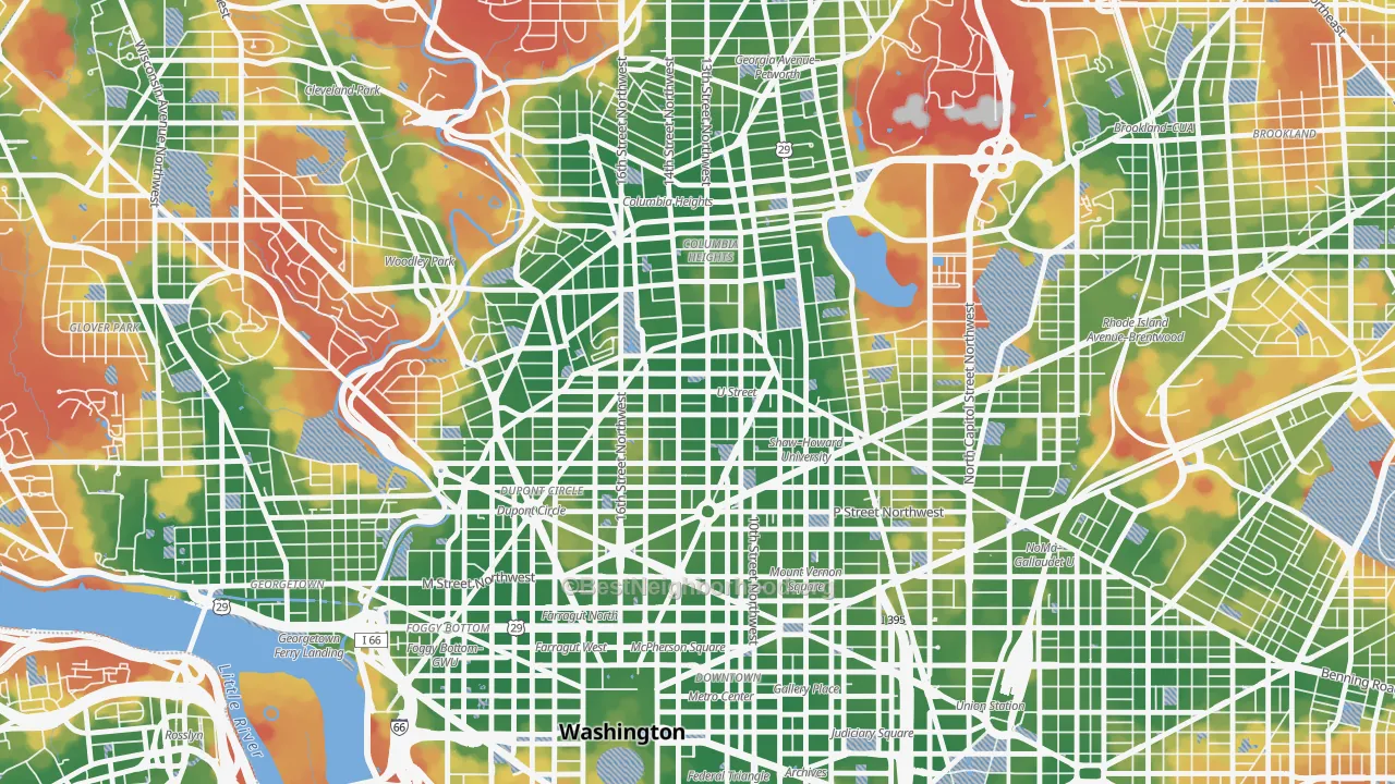 Walk Grade map of U Street Corridor, Washington, DC, walkable areas in green and car-dependent areas in red