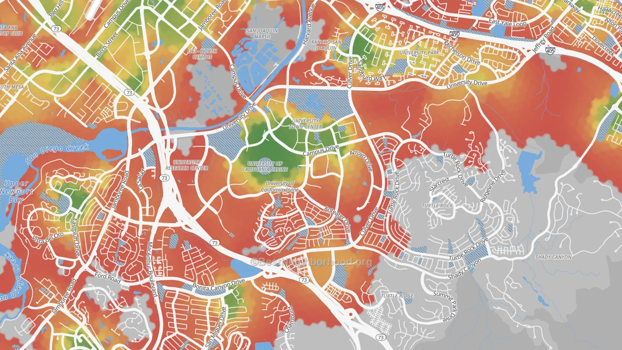 Walk Grade map of UC Irvine, Irvine, CA, walkable areas in green and car-dependent areas in red