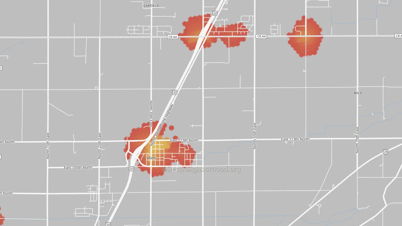 Walk Grade map of Ucon, ID, walkable areas in green and car-dependent areas in red