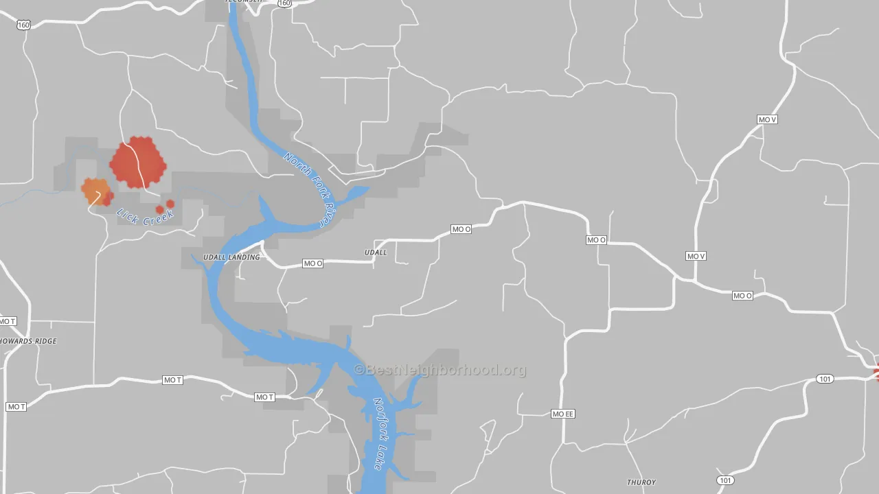 Walk Grade map of Udall, MO, walkable areas in green and car-dependent areas in red