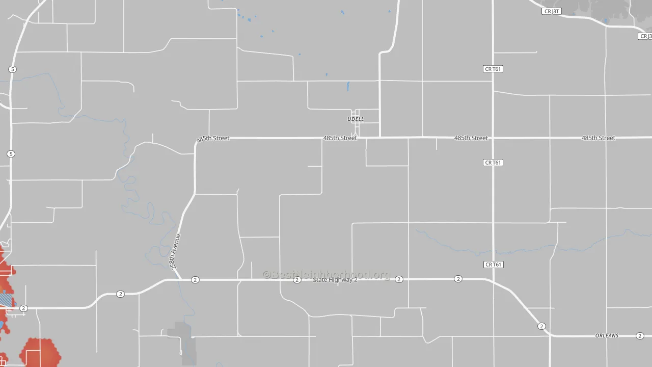 Walk Grade map of Udell, IA, walkable areas in green and car-dependent areas in red