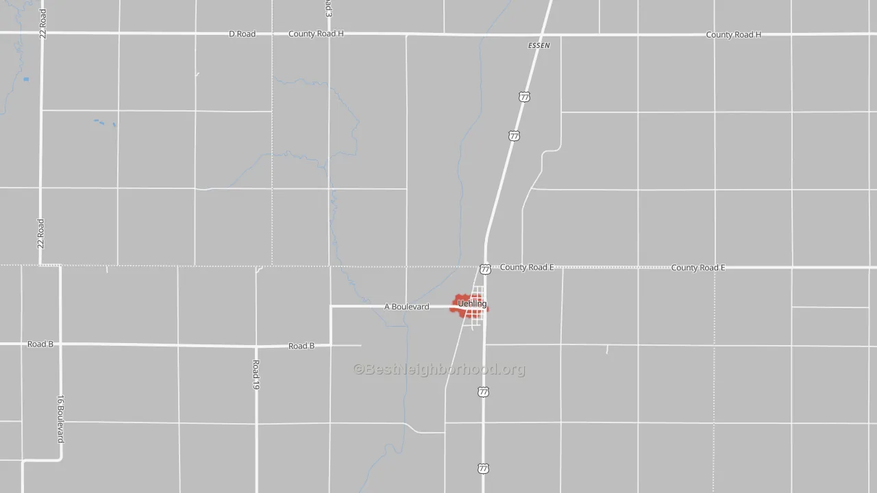 Walk Grade map of Uehling, NE, walkable areas in green and car-dependent areas in red