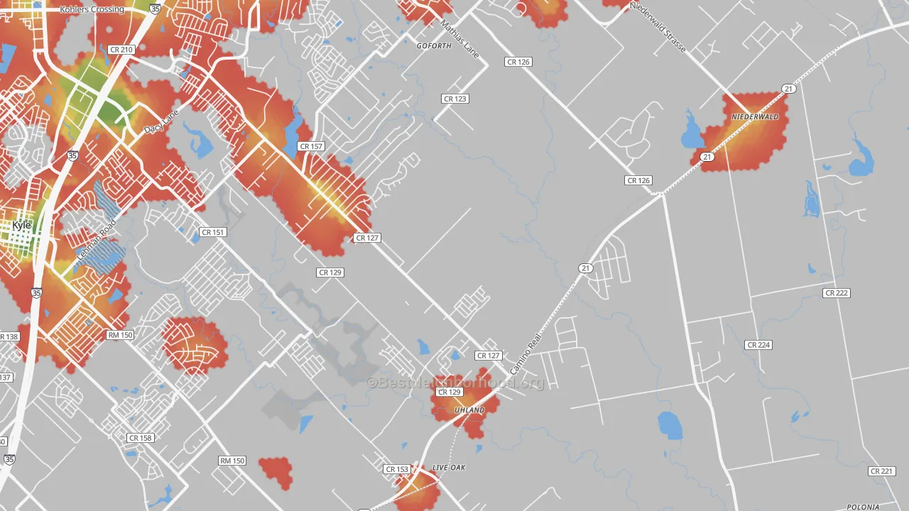 Walk Grade map of Uhland, TX, walkable areas in green and car-dependent areas in red