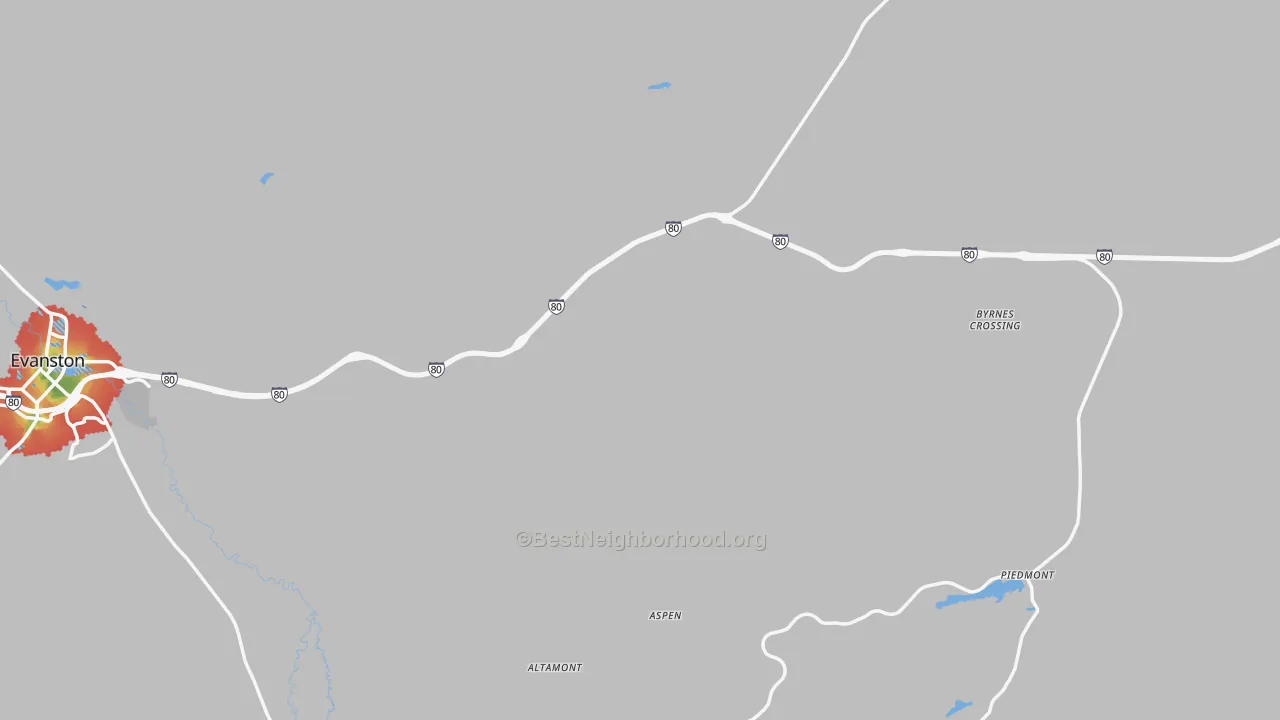 Walk Grade map of Uinta County, WY, walkable areas in green and car-dependent areas in red
