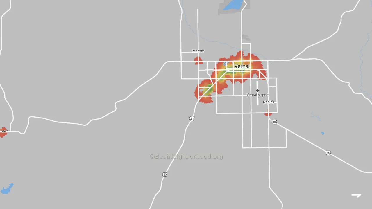 Walk Grade map of Uintah County, UT, walkable areas in green and car-dependent areas in red