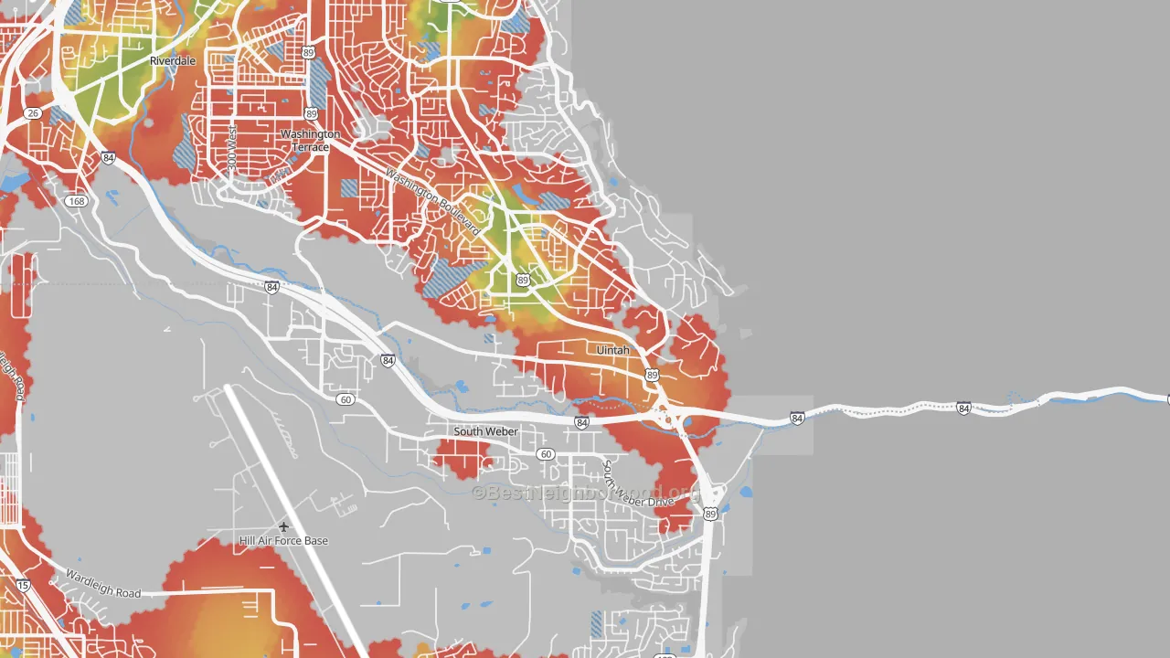 Walk Grade map of Uintah, UT, walkable areas in green and car-dependent areas in red