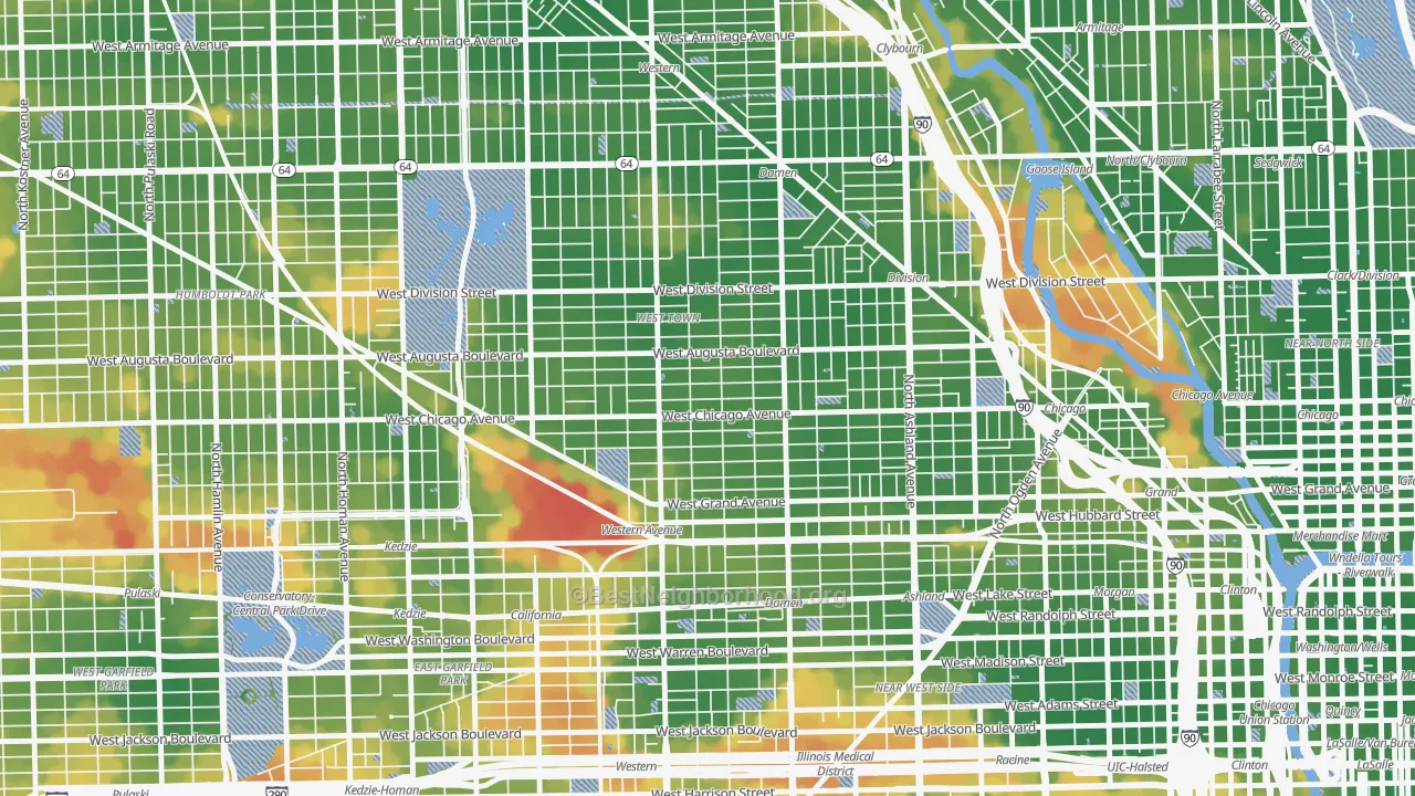 Walk Grade map of Ukrainian Village, Chicago, IL, walkable areas in green and car-dependent areas in red