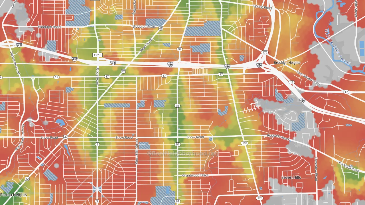 Walk Grade map of Ukrainian Village, Parma, OH, walkable areas in green and car-dependent areas in red