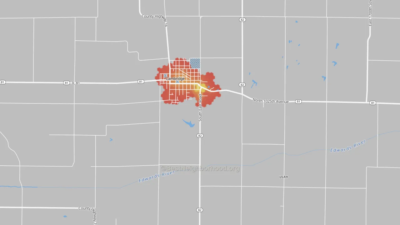 Walk Grade map of Ulah, IL, walkable areas in green and car-dependent areas in red