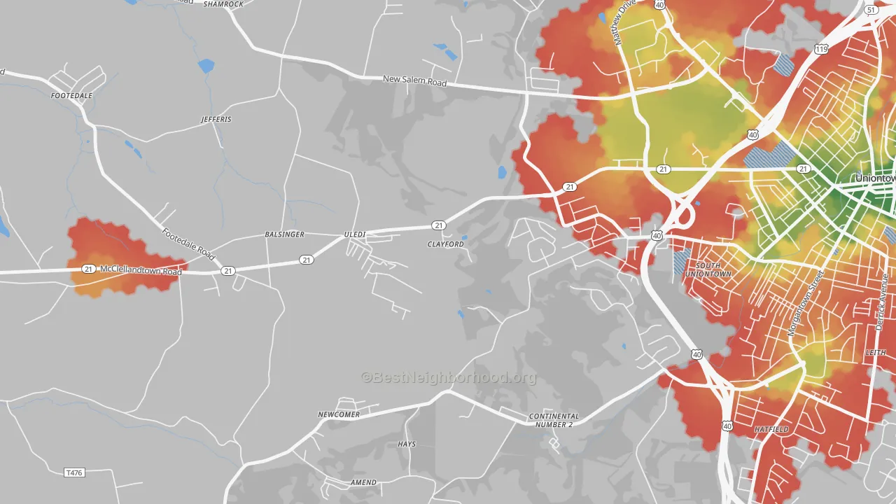 Walk Grade map of Uledi, PA, walkable areas in green and car-dependent areas in red