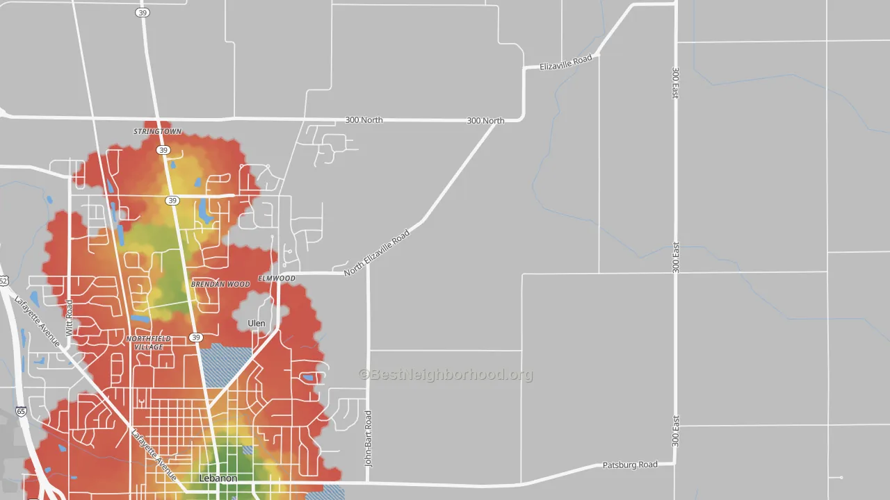 Walk Grade map of Ulen, IN, walkable areas in green and car-dependent areas in red