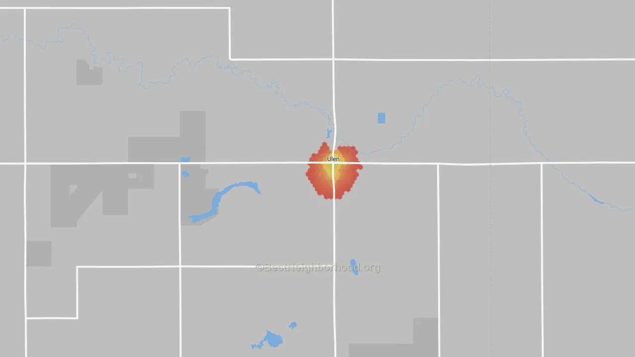Walk Grade map of Ulen, MN, walkable areas in green and car-dependent areas in red