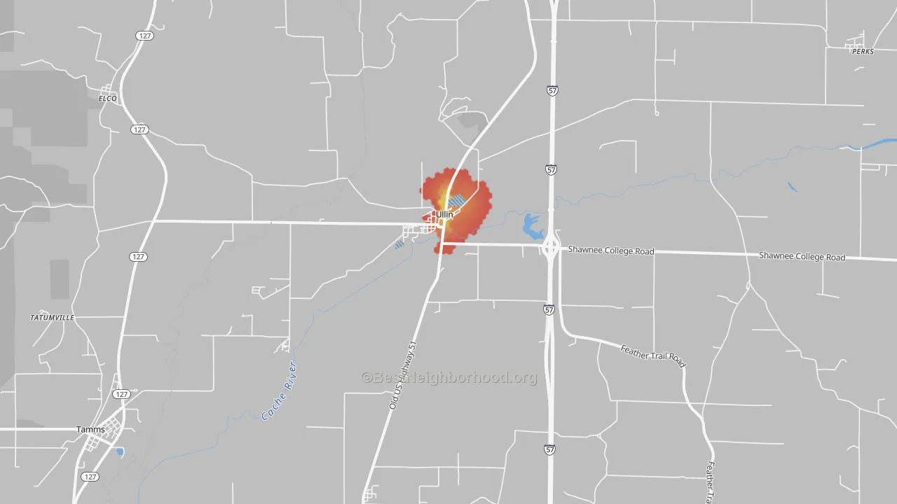 Walk Grade map of Ullin, IL, walkable areas in green and car-dependent areas in red