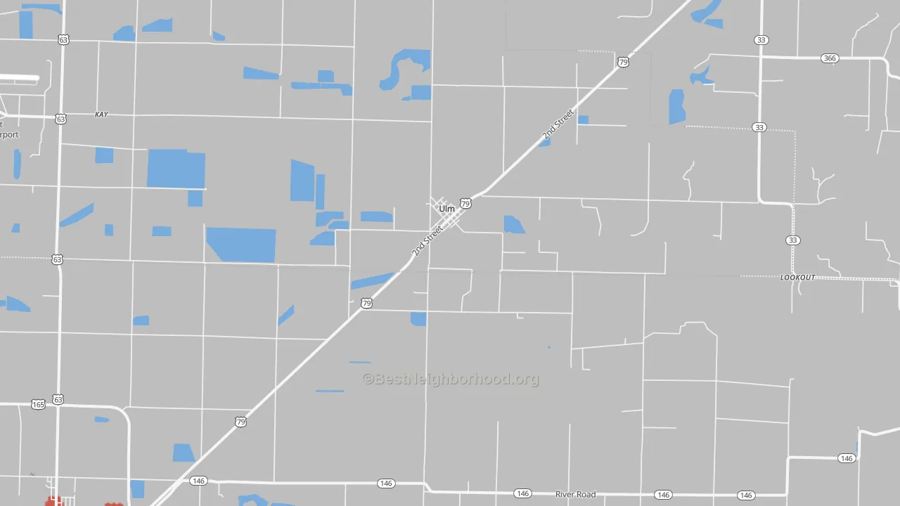 Walk Grade map of Ulm, AR, walkable areas in green and car-dependent areas in red