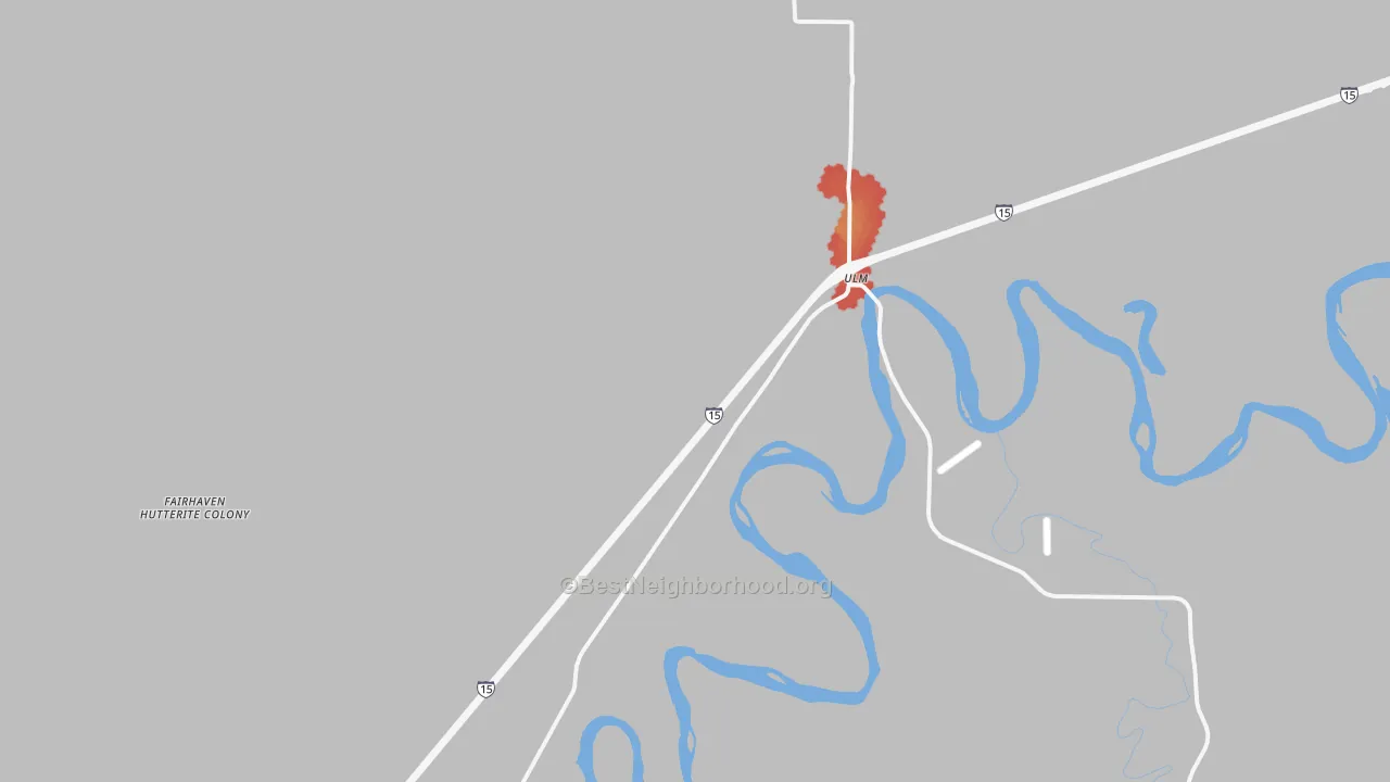 Walk Grade map of Ulm, MT, walkable areas in green and car-dependent areas in red